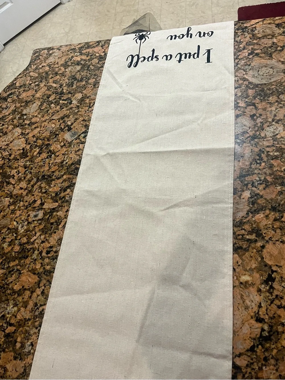 Hocus pocus burlap halloween table runner with 3D witch legs.